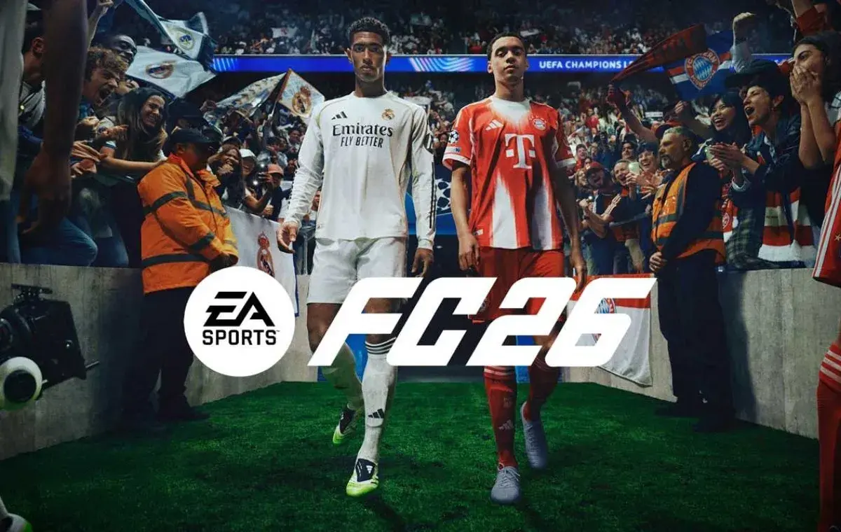 تصویر تبلیغاتی بازی EA Sports FC 26؛ دو فوتبالیست با لباس تیم&zwnj;های رئال مادرید و بایرن مونیخ در حال ورود به زمین هستند و هواداران در دو طرف مسیر تشویق می&zwnj;کنند. لوگوی &laquo;EA SPORTS FC 26&raquo; در مرکز پایین تصویر دیده می&zwnj;شود.
