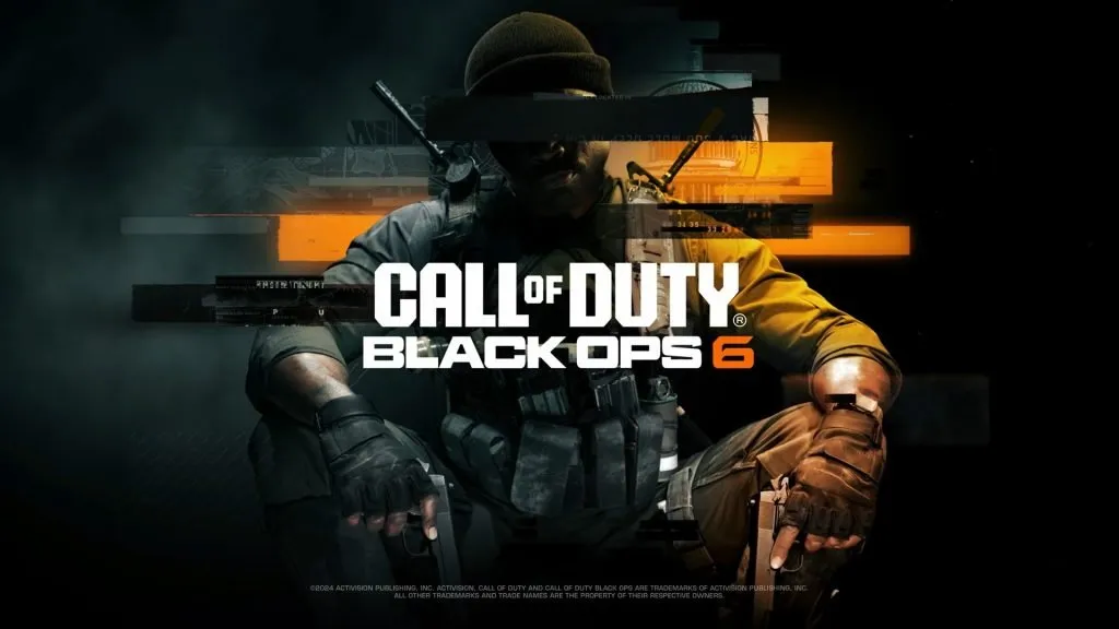 تصویر تبلیغاتی بازی Call of Duty: Black Ops 6؛ یک سرباز مسلح با لباس تاکتیکی و کلاه در مرکز تصویر نشسته و لوگوی &laquo;Call of Duty Black Ops 6&raquo; روی تصویر قرار دارد. پس&zwnj;زمینه تاریک با نوارهای نارنجی و جلوه&zwnj;های گرافیکی دیجیتال دیده می&zwnj;شود.