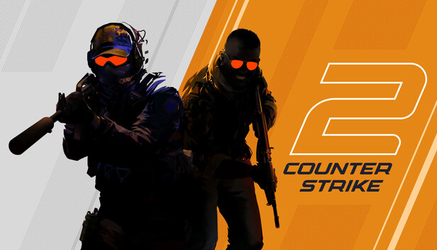 تصویر تبلیغاتی بازی Counter-Strike 2؛ دو سرباز مسلح با تجهیزات تاکتیکی در سمت چپ دیده می&zwnj;شوند و لوگوی بزرگ &laquo;Counter-Strike 2&raquo; روی پس&zwnj;زمینه نارنجی و سفید در سمت راست قرار دارد.