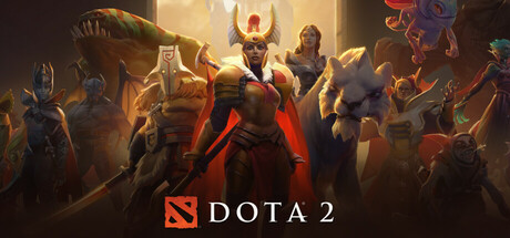 تصویر تبلیغاتی بازی Dota 2؛ گروهی از قهرمانان فانتزی در یک صحنه حماسی دیده می&zwnj;شوند و یک شخصیت زن زره&zwnj;پوش در مرکز تصویر قرار دارد. لوگوی &laquo;Dota 2&raquo; در پایین تصویر دیده می&zwnj;شود.