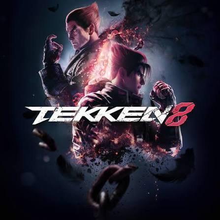 تصویر تبلیغاتی بازی Tekken 8؛ دو شخصیت مبارز در مرکز تصویر دیده می&zwnj;شوند و جلوه&zwnj;ای آتشین و انرژی قرمز میان آن&zwnj;ها قرار دارد. لوگوی بزرگ &laquo;TEKKEN 8&raquo; در مرکز تصویر دیده می&zwnj;شود.