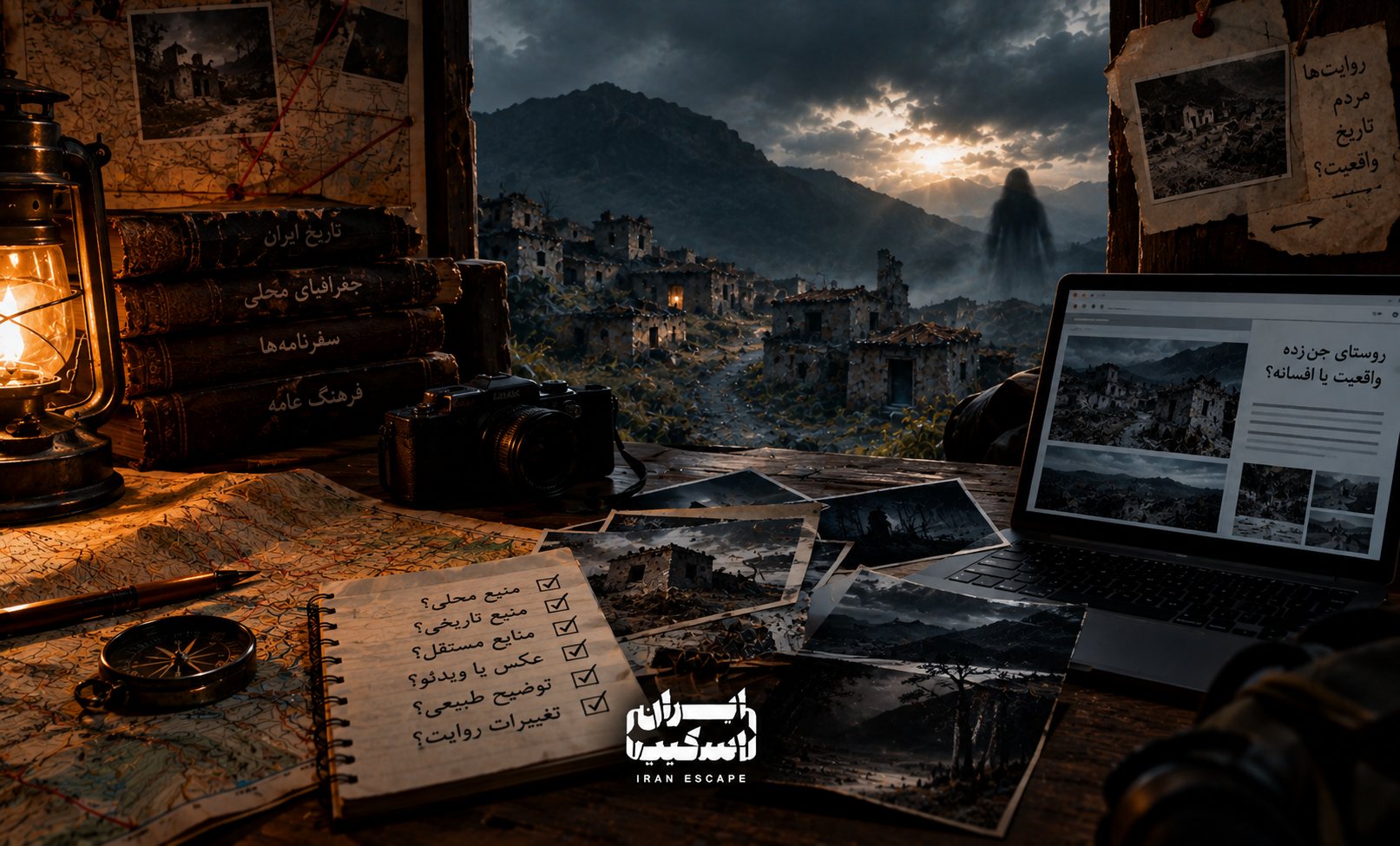 میز تحقیق درباره روستاهای جنزده با نقشه، دوربین، کتابهای تاریخی، عکسهای مستند، روستای متروکه در مه و سایه شبحگونه در پسزمینه، فضای رازآلود و مستند با تمرکز بر بررسی واقعیت و افسانه