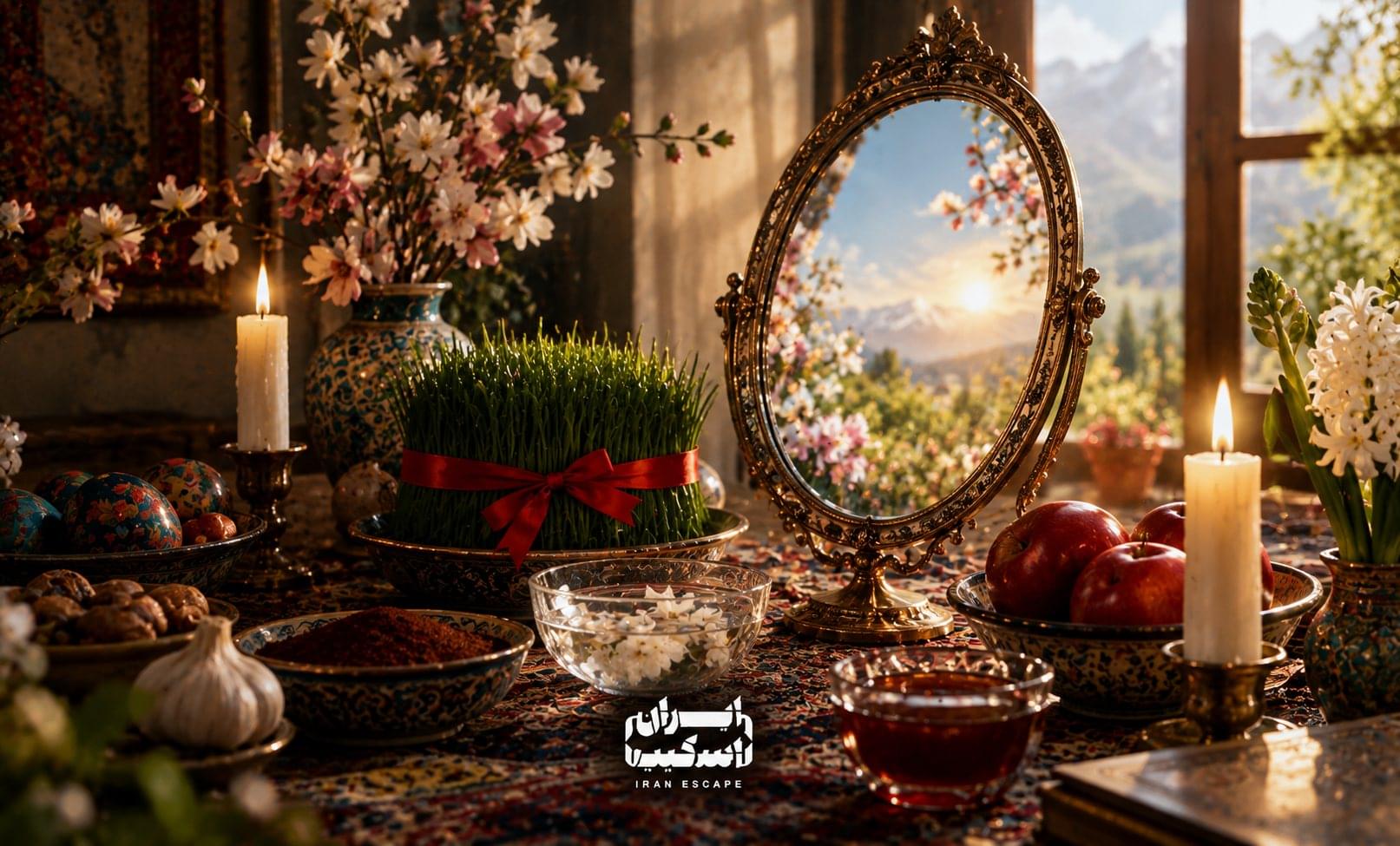 آینه سفره هفت&zwnj;سین نوروزی با شمع، سبزه، شکوفه&zwnj;های بهاری و فضای سنتی ایرانی، بازتاب منظره طبیعت در آینه و حس روشنایی و شروع دوباره
