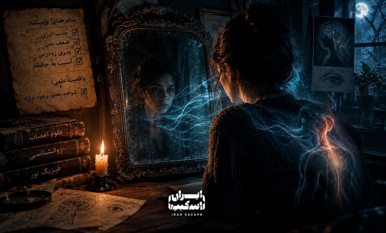تصویری رازآلود از زنی در برابر آینه&zwnj;ای قدیمی که با مفاهیم ذهن، روان&zwnj;شناسی و سیستم عصبی ترکیب شده است. فضای تاریک، نور شمع و جلوه&zwnj;های نورانی، حس ترس، رمزآلودگی و ماجراجویی ذهنی