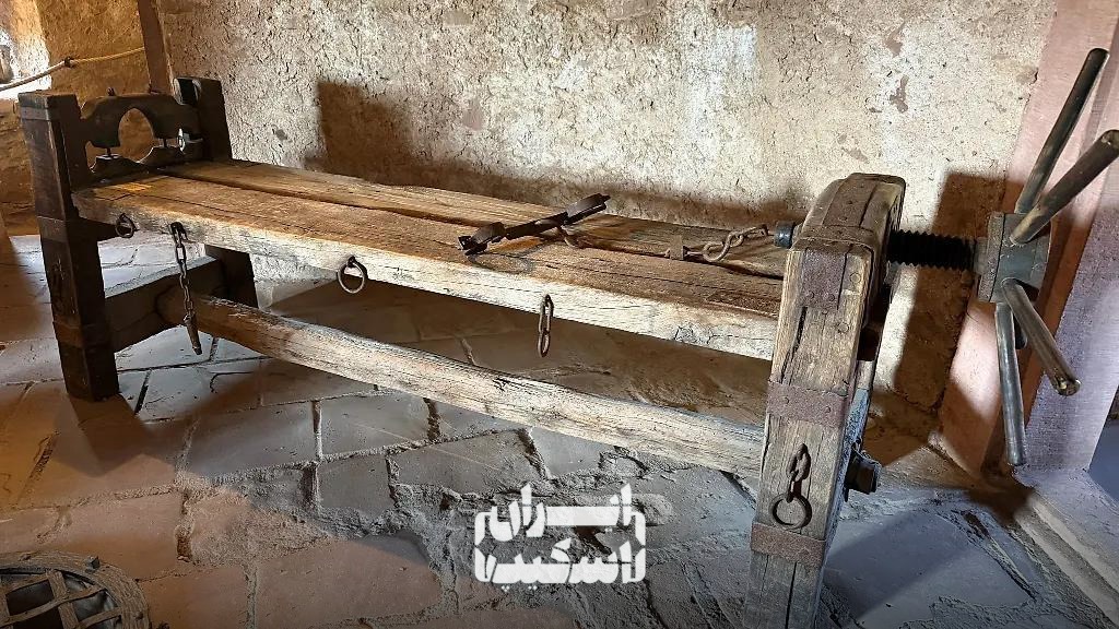 نمای نزدیک مکانیزم چوبی و طناب دستگاه Rack